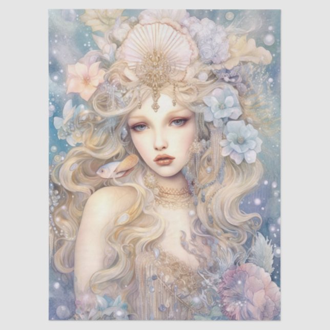 Large Pastel Watercolor Floral Mermaid Decoupage Tissue Paper (Front)