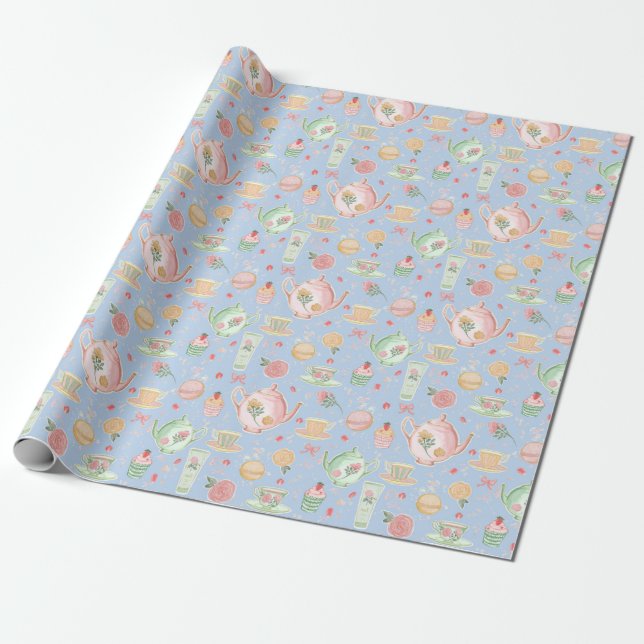 Large Pastel Watercolor Teapots on Blue Wrapping Paper (Unrolled)