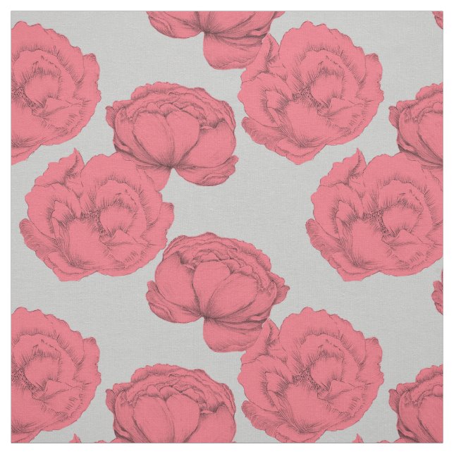 Large Peonies Romantic Pink Grey Pattern Floral Fabric (Swatch)