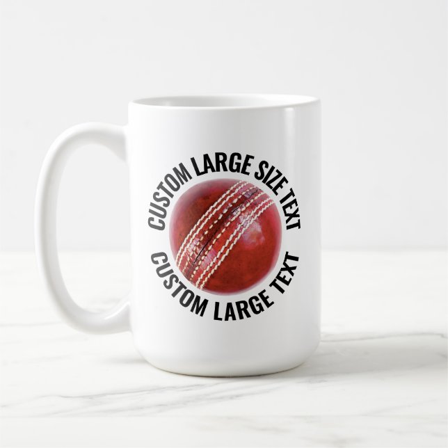 Large Personalised Text Cricket Ball 15oz. Custom Coffee Mug (Left)