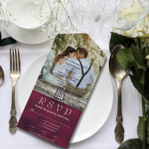 Large Photo Burgundy Texture Background QR Code All In One Invitation