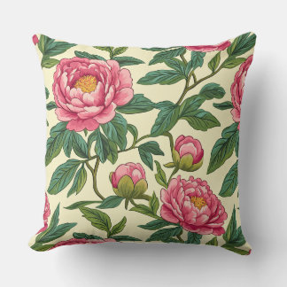 Large Pink and Green Chinoiserie Peony Floral Cushion