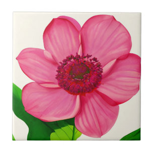 Large Pink Anemone with Emerald Green Leaves Ceramic Tile