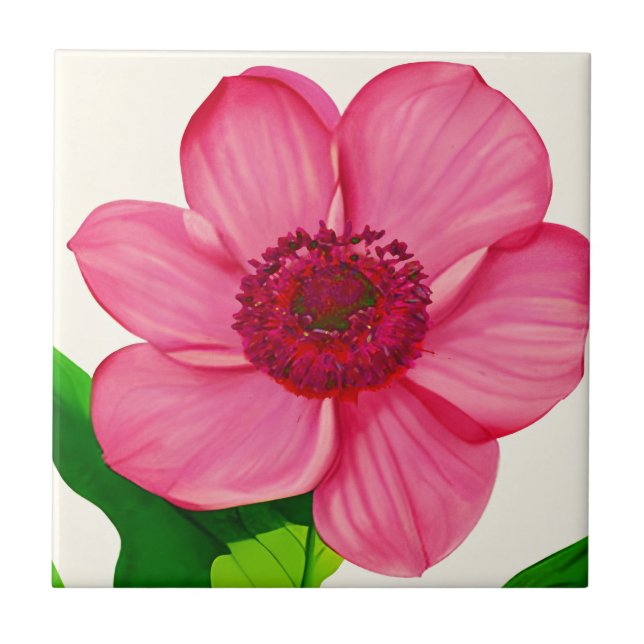 Large Pink Anemone with Emerald Green Leaves Ceramic Tile (Front)