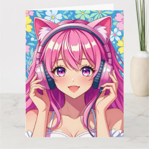 Large Pink Anime Girl with Headphones Birthday Card