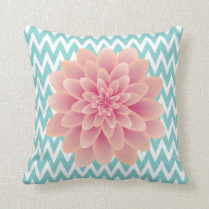 Large Pink Chrysanthemum and Turquoise Chevron Cushion