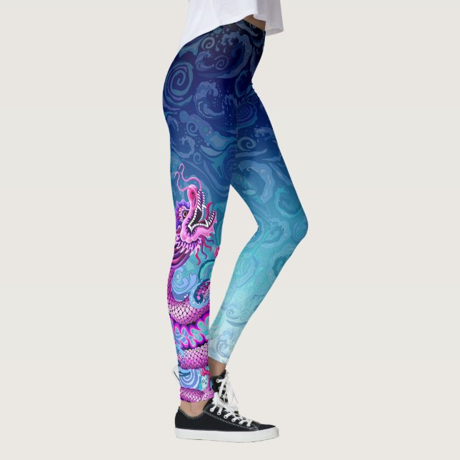 Large Pink Dragon on Swirling Water Leggings (Right)