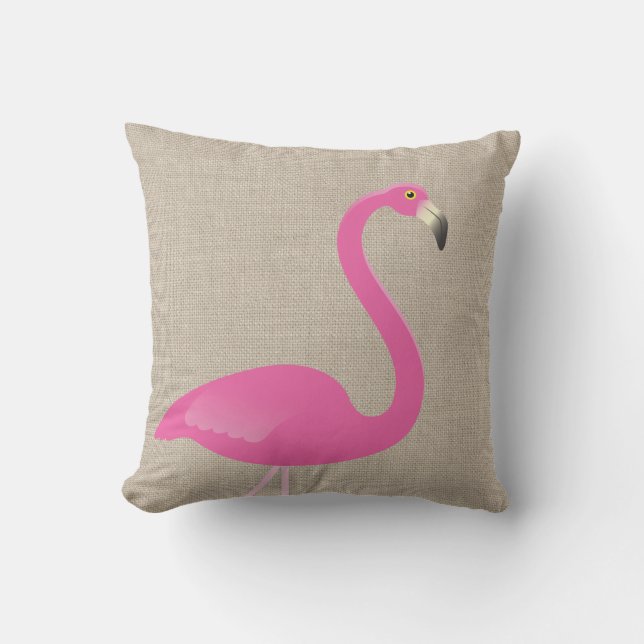 Large Pink Flamingo on Burlap Linen Outdoor Pillow (Front)