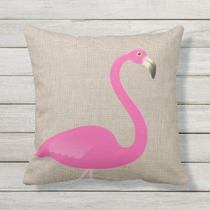 Large Pink Flamingo on Burlap Linen Outdoor Pillow