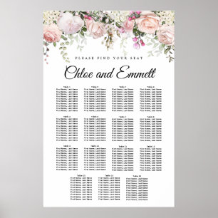 Large Pink Floral 15-Table Wedding Seating Chart