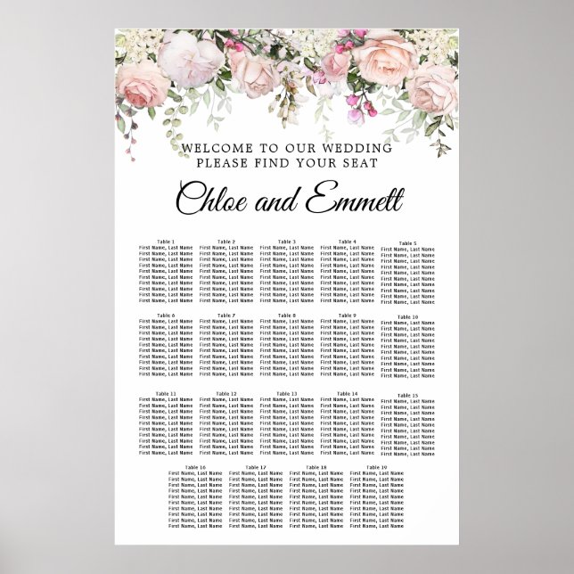 Large Pink Floral 19-Table Wedding Seating Chart (Front)