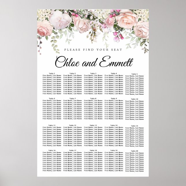 Large Pink Floral 20-Table Wedding Seating Chart (Front)