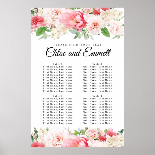Large Pink Floral 4-Table Wedding Seating Chart (Front)