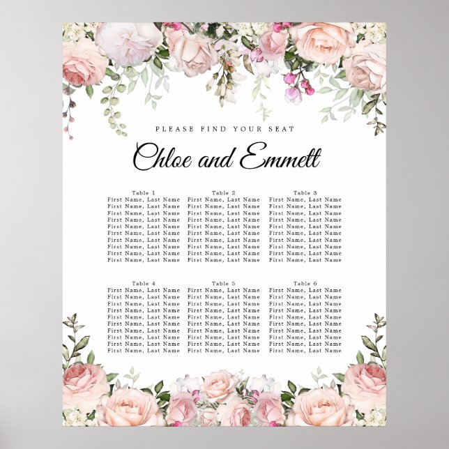 Large Pink Floral 6-Table Wedding Seating Chart (Front)