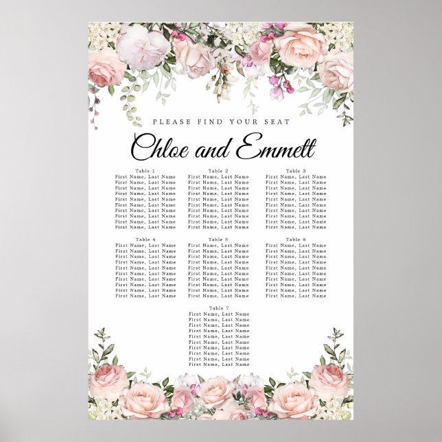 Large Pink Floral 7-Table Wedding Seating Chart (Front)