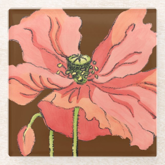Large Pink Flower with Deep Red Background Glass Coaster (Front)