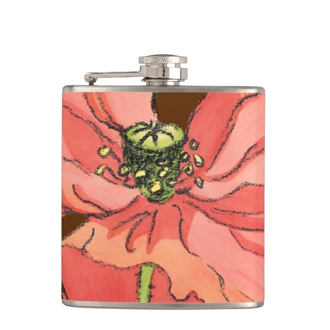 Large Pink Flower with Deep Red Background Hip Flask (Front)