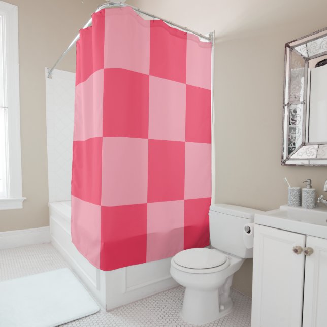 Large Pink Fuchsia Checkers Shower Curtain (In Situ)