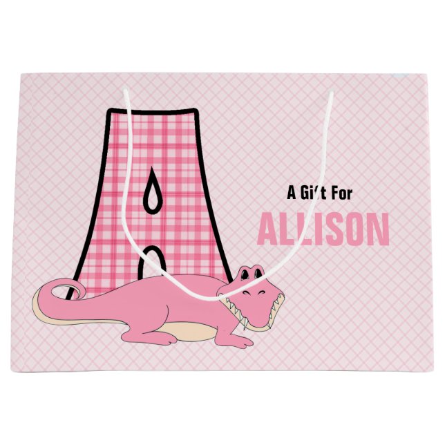 LARGE Pink Letter A for Girls with Alligator Gift Bag (Front)