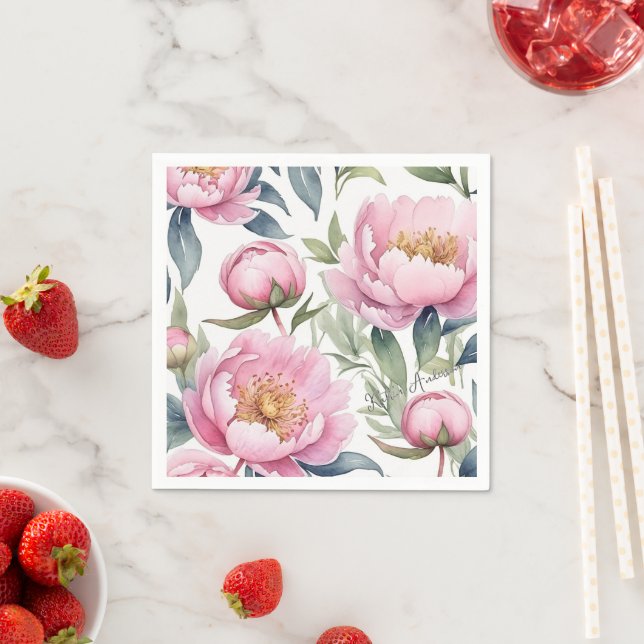 large pink peonies watercolor napkin (Insitu)
