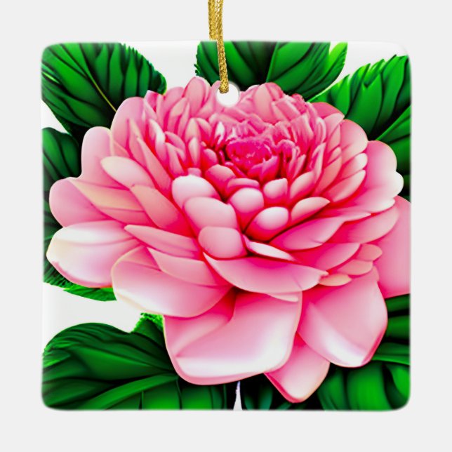 Large Pink Peony with Emerald Green Leaves  Ceramic Ornament (Front)