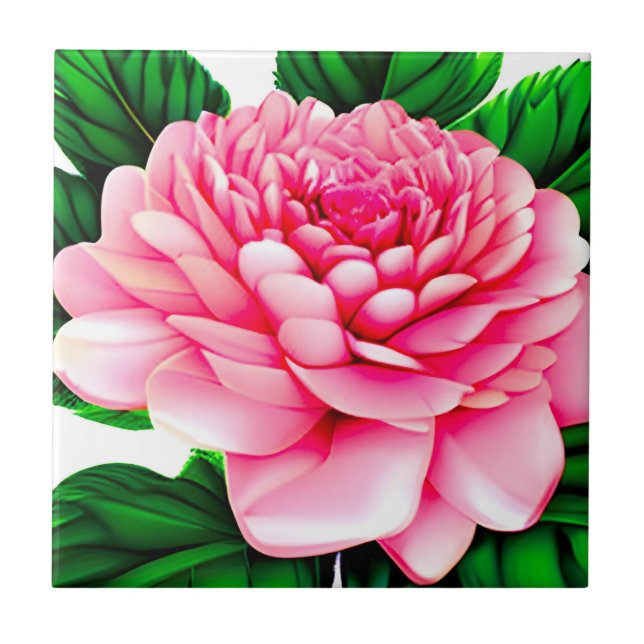 Large Pink Peony with Emerald Green Leaves  Ceramic Tile (Front)