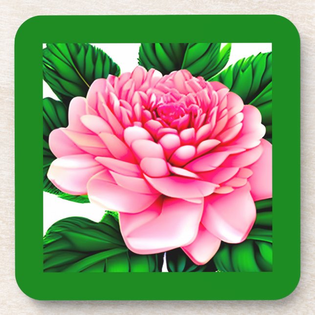 Large Pink Peony with Emerald Green Leaves  Coaster (Front)