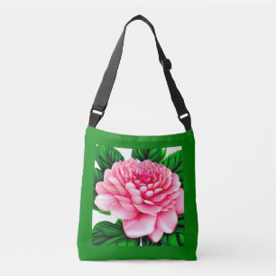 Large Pink Peony with Emerald Green Leaves Crossbody Bag