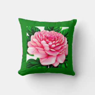 Large Pink Peony with Emerald Green Leaves  Cushion