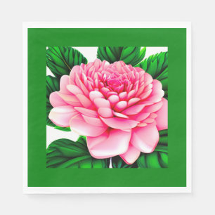 Large Pink Peony with Emerald Green Leaves Napkin