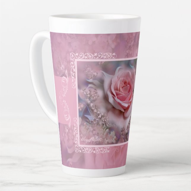 Large Pink Rose Latte Mug (Left Angle)