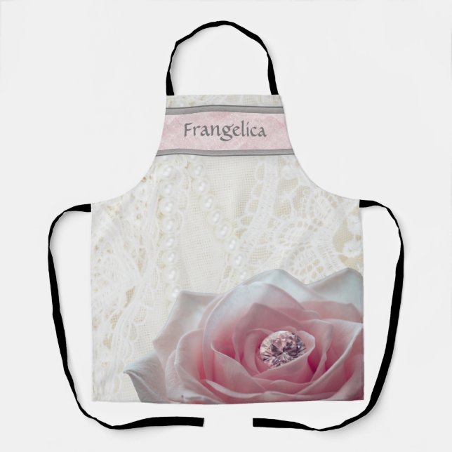 Large Pink Rose with Diamond Personalised Apron (Front)