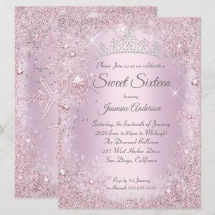 Large Pink Silver Winter Wonderland Sweet 16 Tiara Invitation