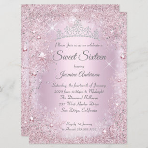Large Pink Silver Winter Wonderland Sweet 16 Tiara Invitation