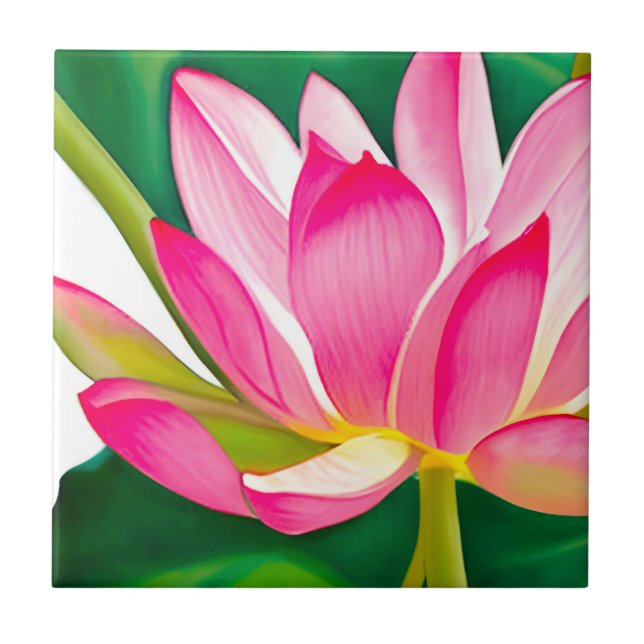 Large Pink Water Lily with Emerald Green Leaves Ceramic Tile (Front)
