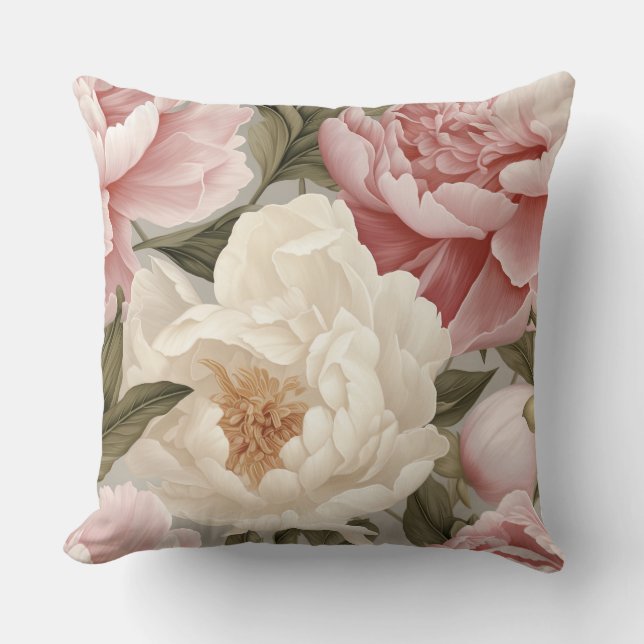 Large Pink White Peonies Floral Countryside Design Cushion (Front)