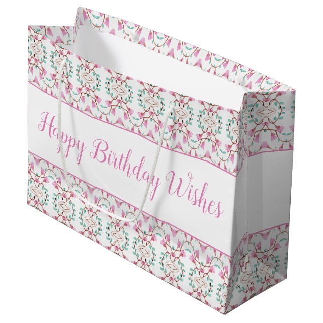 Large Pink White Teal Paper Birthday Gift Bag (Front Angled)