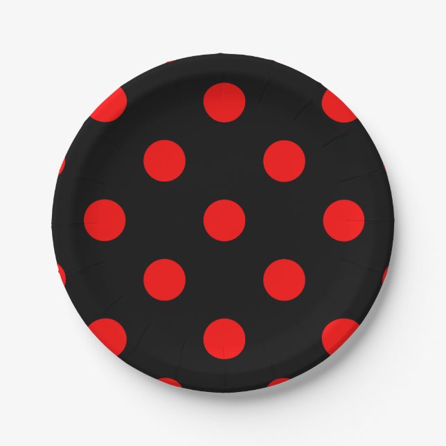 Large Polka Dots - Red on Black Paper Plate (Front)