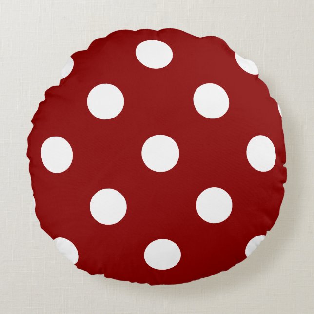 Large Polka Dots - White on Dark Red Round Cushion (Front)