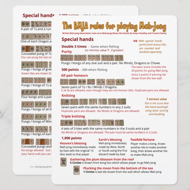 Large Print BMJA rules card  – Special hands (Front/Back)