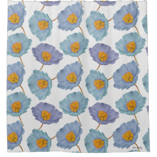 Large print floral pastel blue watercolor poppies shower curtain