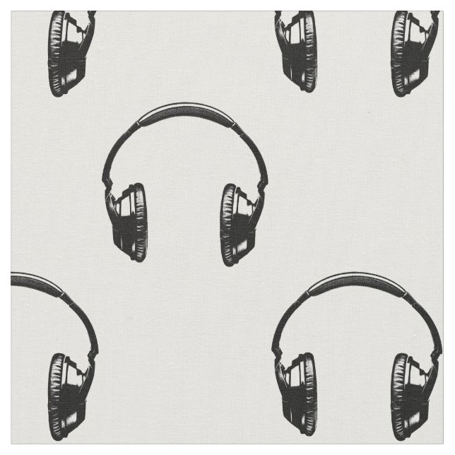 Large Print Headphones Pattern Vintage Music Theme Fabric (Close Up)