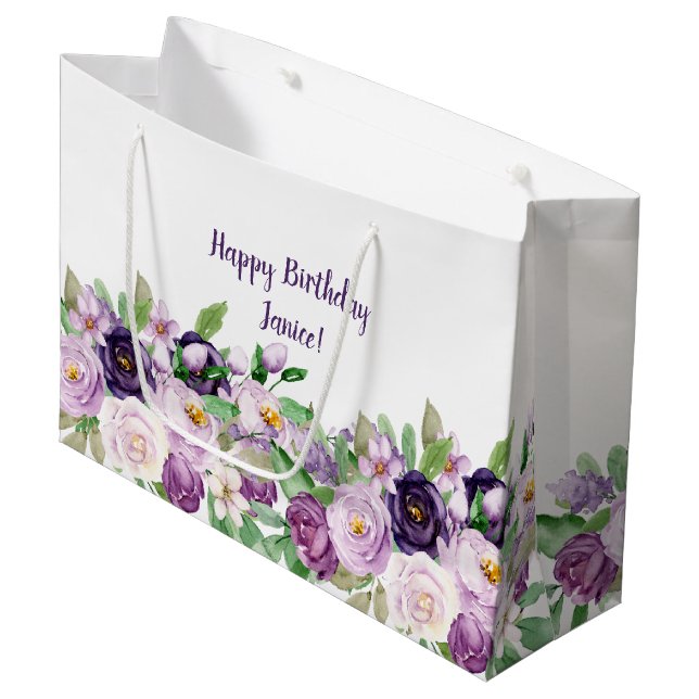 Large Purple and Lavender Roses Monogram Large Gift Bag (Front Angled)