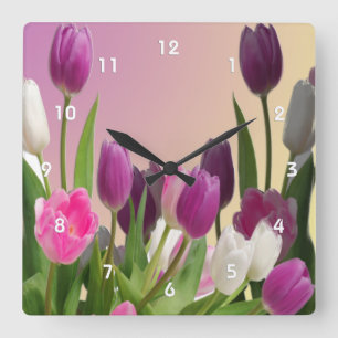 Large Purple and White Tulips Square Wall Clock