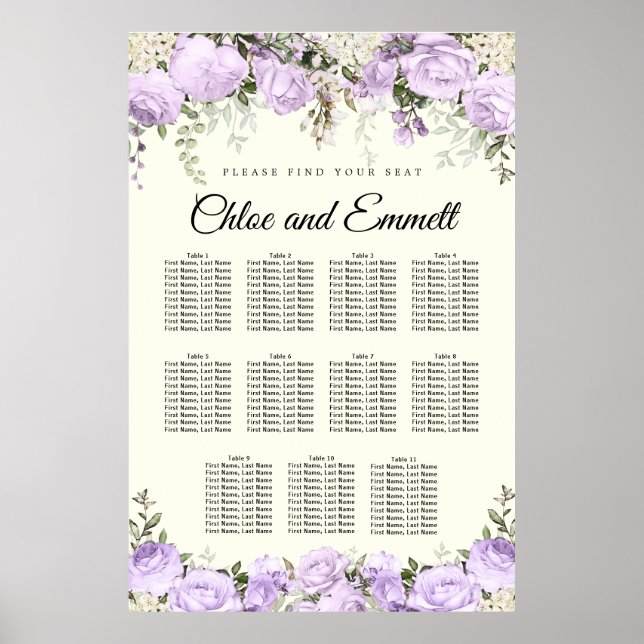 Large Purple Floral 11-Table Wedding Poster (Front)
