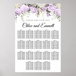 Large Purple Floral 18-Table Wedding Seating Chart
