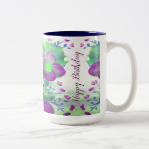 Large Purple Navy Blye and Lime Green Flowered Mug