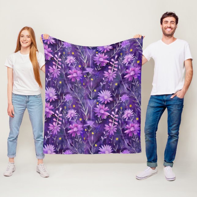 Large Purple Pink and Yellow Daisy Floral Pattern Fleece Blanket (In Situ)