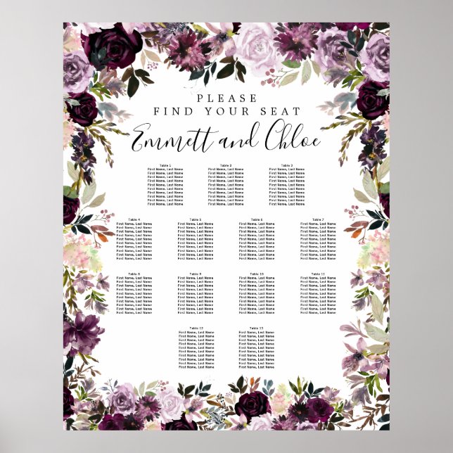 Large Purple Pink Floral 13-Table Seating Chart (Front)