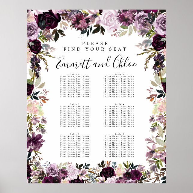 Large Purple Pink Floral 6-Table Seating Chart (Front)